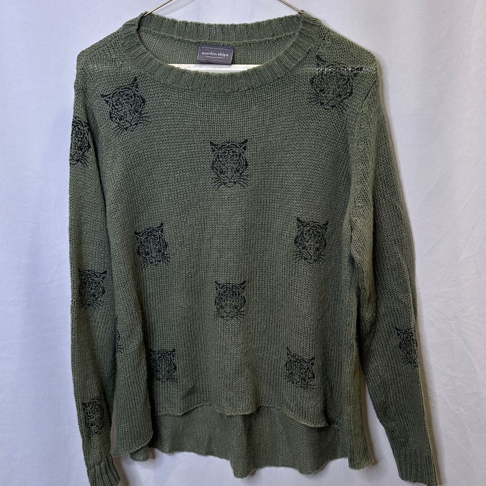 Wooden Ships olive green crew neck sweater with black tiger print.  Size S